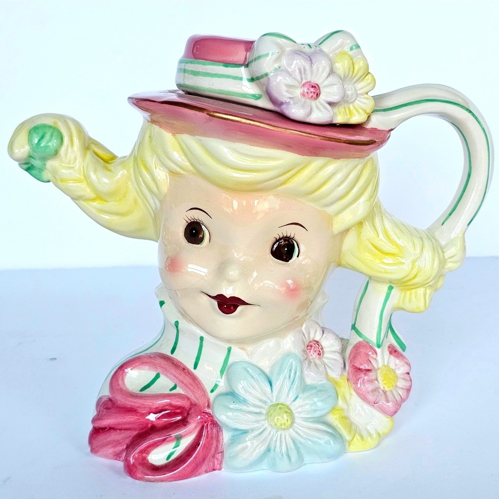 Shabby Chic Ceramic Girl Head Vase Teapot Pink Hat Floral Kitsch Decor Pig Tails